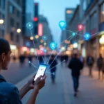 Mapa urbano digital com beacons conectando pessoas e comércios locais
