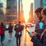 Mapa digital com pinos de geolocalização conectando pessoas e negócios na cidade