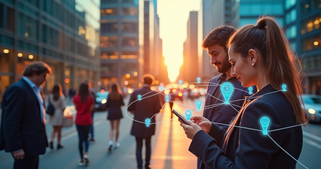 Mapa digital com pinos de geolocalização conectando pessoas e negócios na cidade