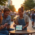 Empreendedores locais usando aplicativo de marketplace em praça urbana moderna