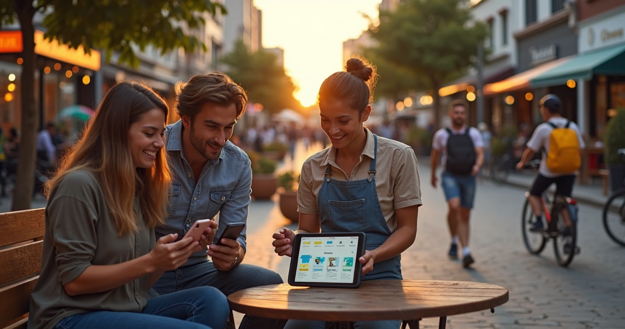 Empreendedores locais usando aplicativo de marketplace em praça urbana moderna