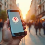 Morador recebendo push notification no smartphone com mapa da cidade ao fundo